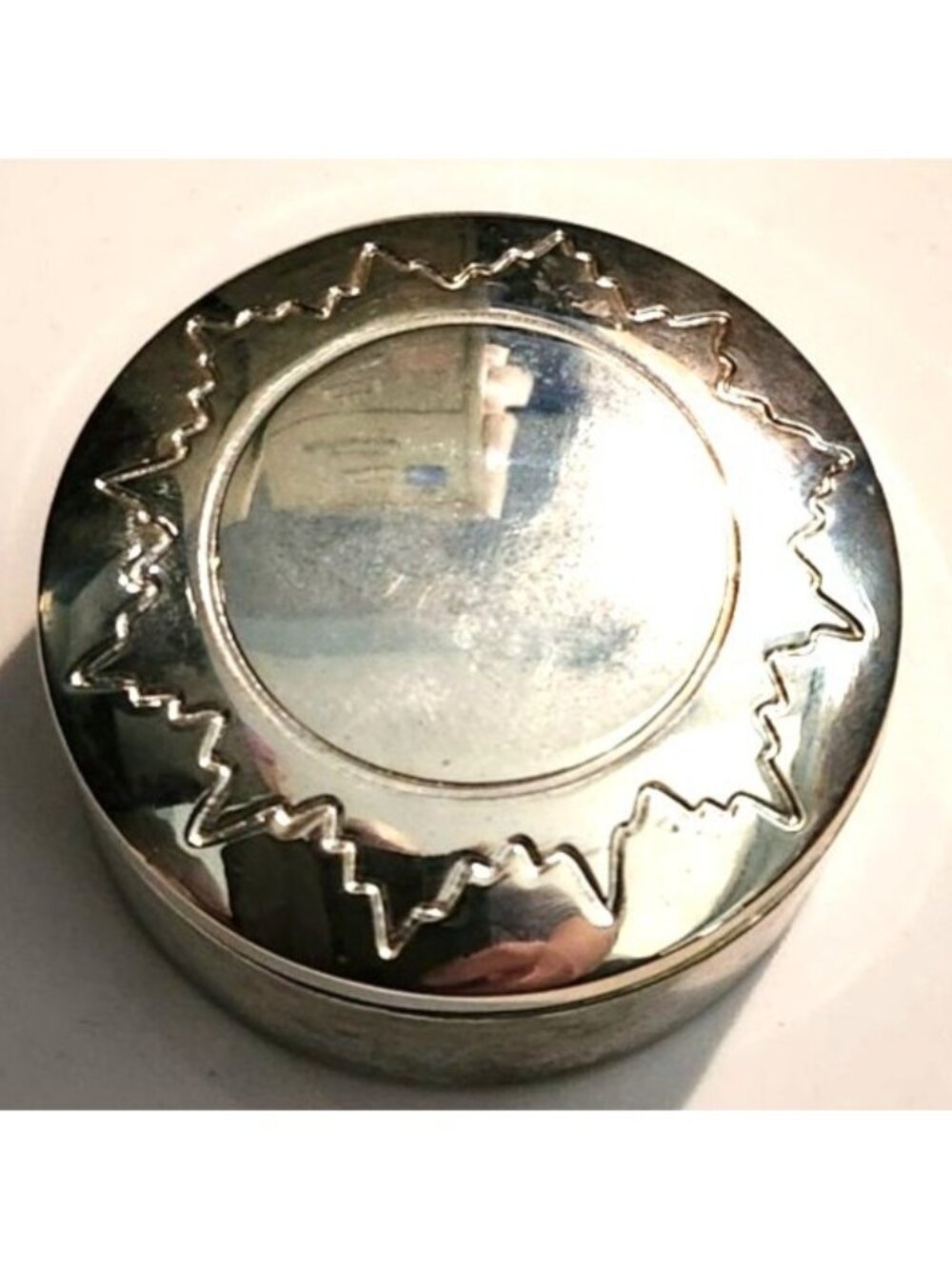 Silver-Tone Round Trinket Box With Sunburst Design & Velvet Lined Interior